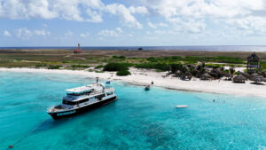 Aerial view of Klein Curaçao with white sandy beach and turquoise Caribbean Sea