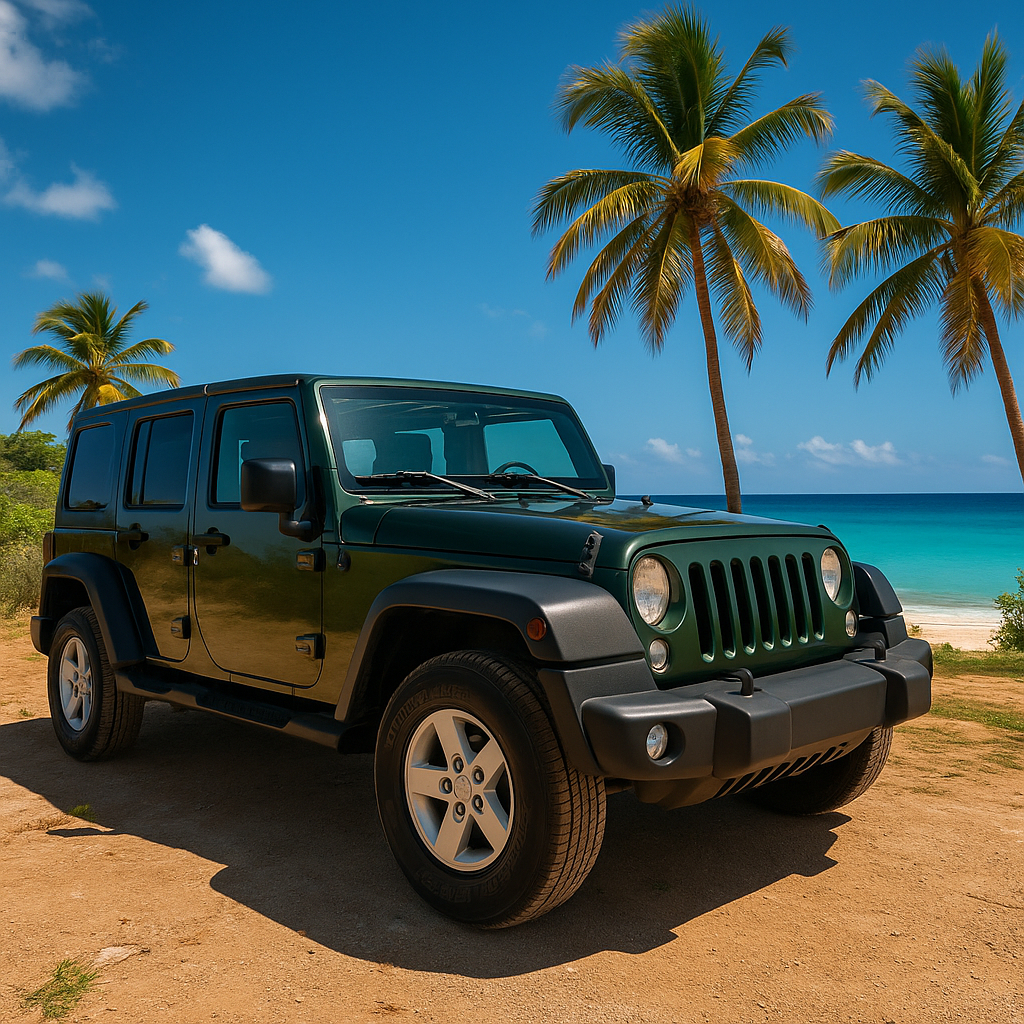 A dark green Jeep Wrangler parked on a tropical Curaçao beach with palm trees and turquoise sea, perfect for car rental travel