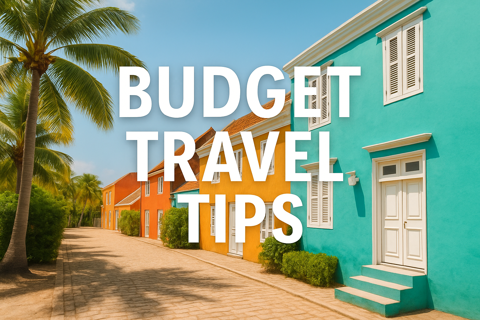 Colorful pastel houses and palm trees along a tropical street, promoting budget travel tips in a Caribbean setting.