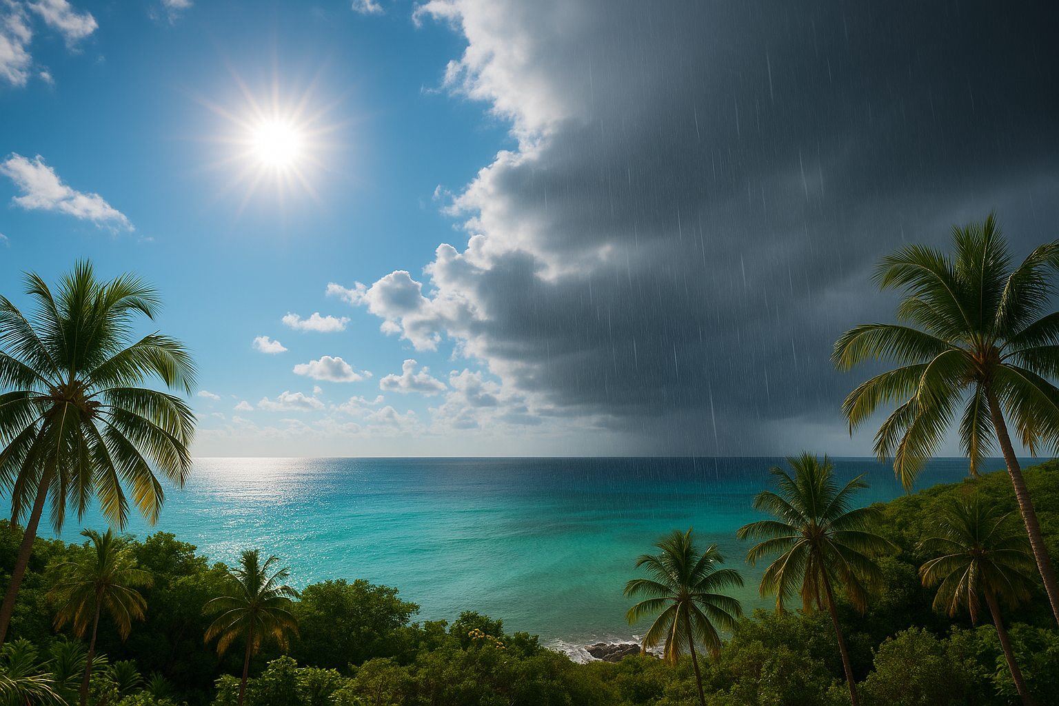 A tropical Curaçao beach with turquoise sea under split weather: bright sun on the left, dark rain clouds with rainfall on the right