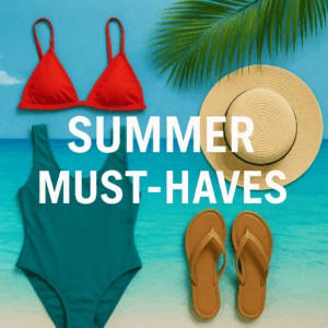 A vibrant flat-lay featuring a red bikini, teal one-piece swimsuit, straw sun hat, tan flip-flops, with a palm tree leaf above and a turquoise ocean background, perfectly capturing Curacao's summer essentials.