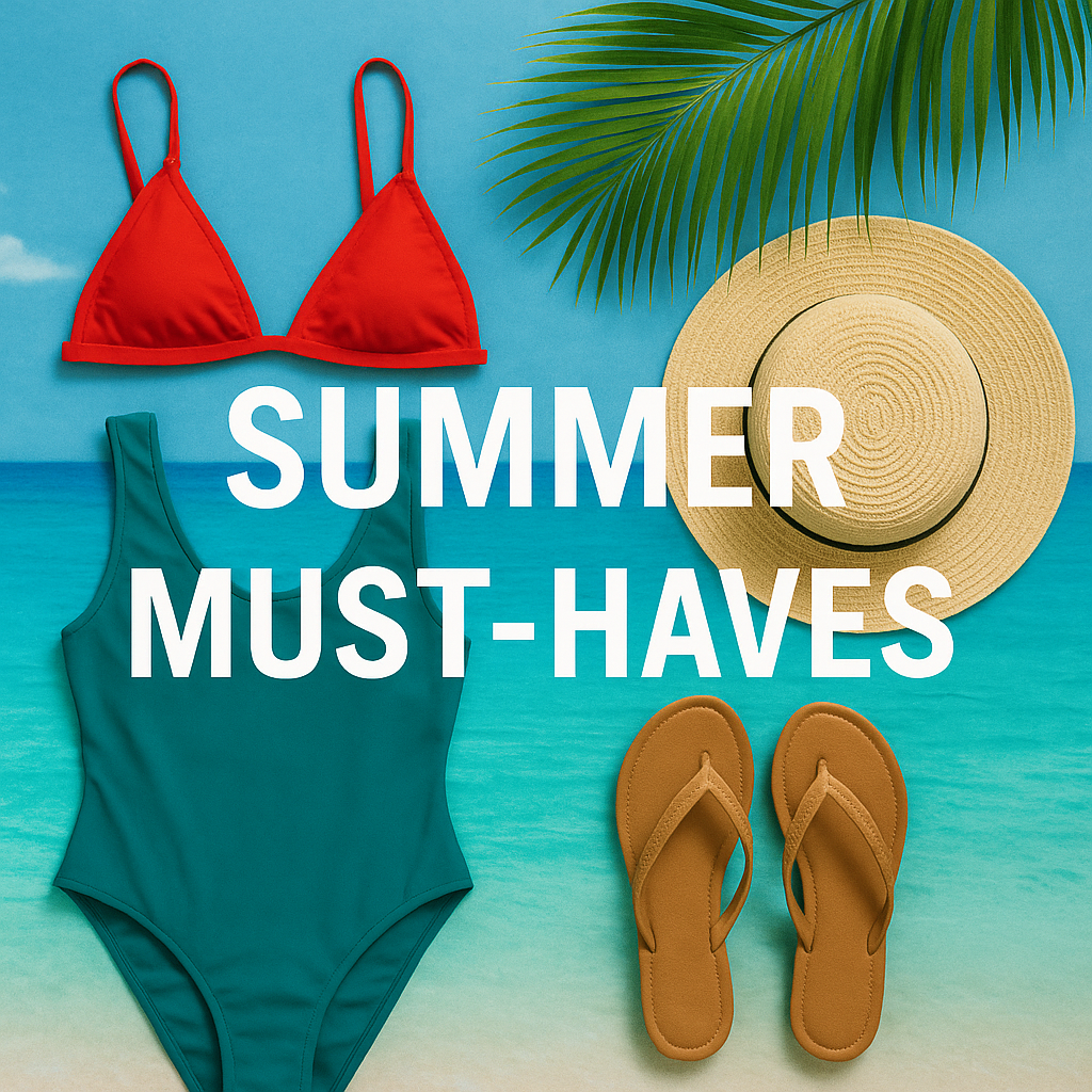 A vibrant flat-lay featuring a red bikini, teal one-piece swimsuit, straw sun hat, tan flip-flops, with a palm tree leaf above and a turquoise ocean background, perfectly capturing Curacao's summer essentials.