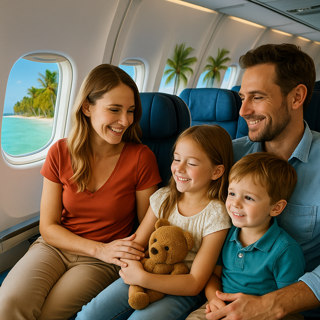 A mother and daughter enjoying a flight with a scenic view of tropical waters and palm trees outside the window. The child holds a toy airplane, capturing the excitement of family travel.