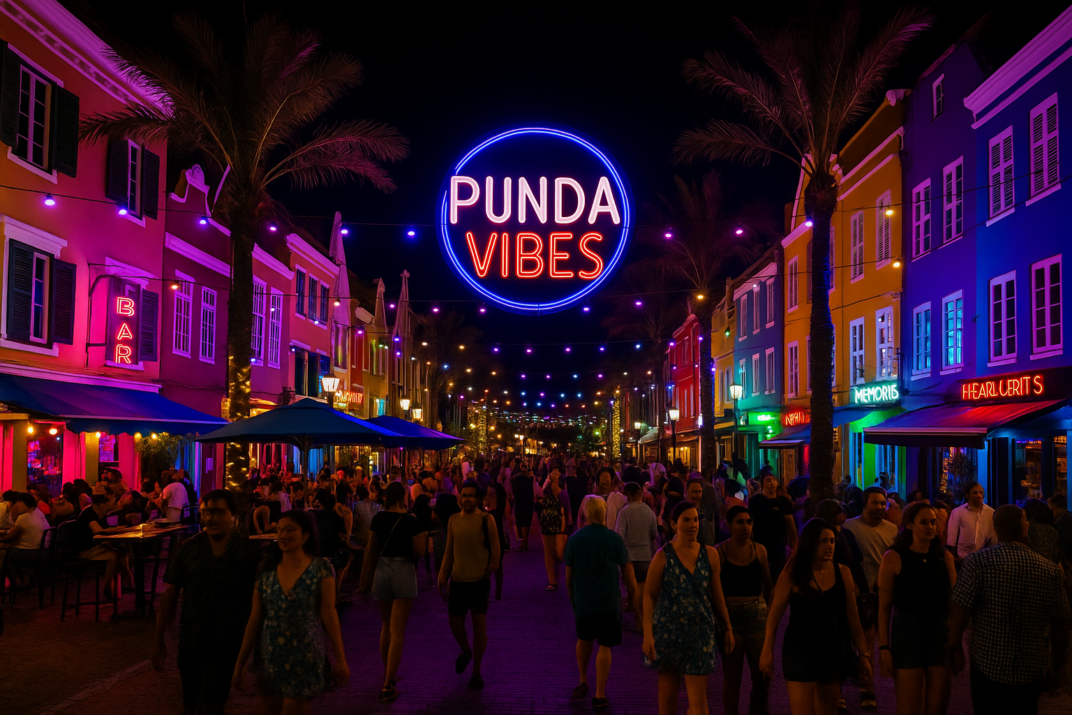 A lively night scene in Willemstad’s historic Punda district shows a bustling street filled with people enjoying the nightlife. Colorful colonial buildings are illuminated with bright neon lights and a large “Punda Vibes” sign hanging overhead