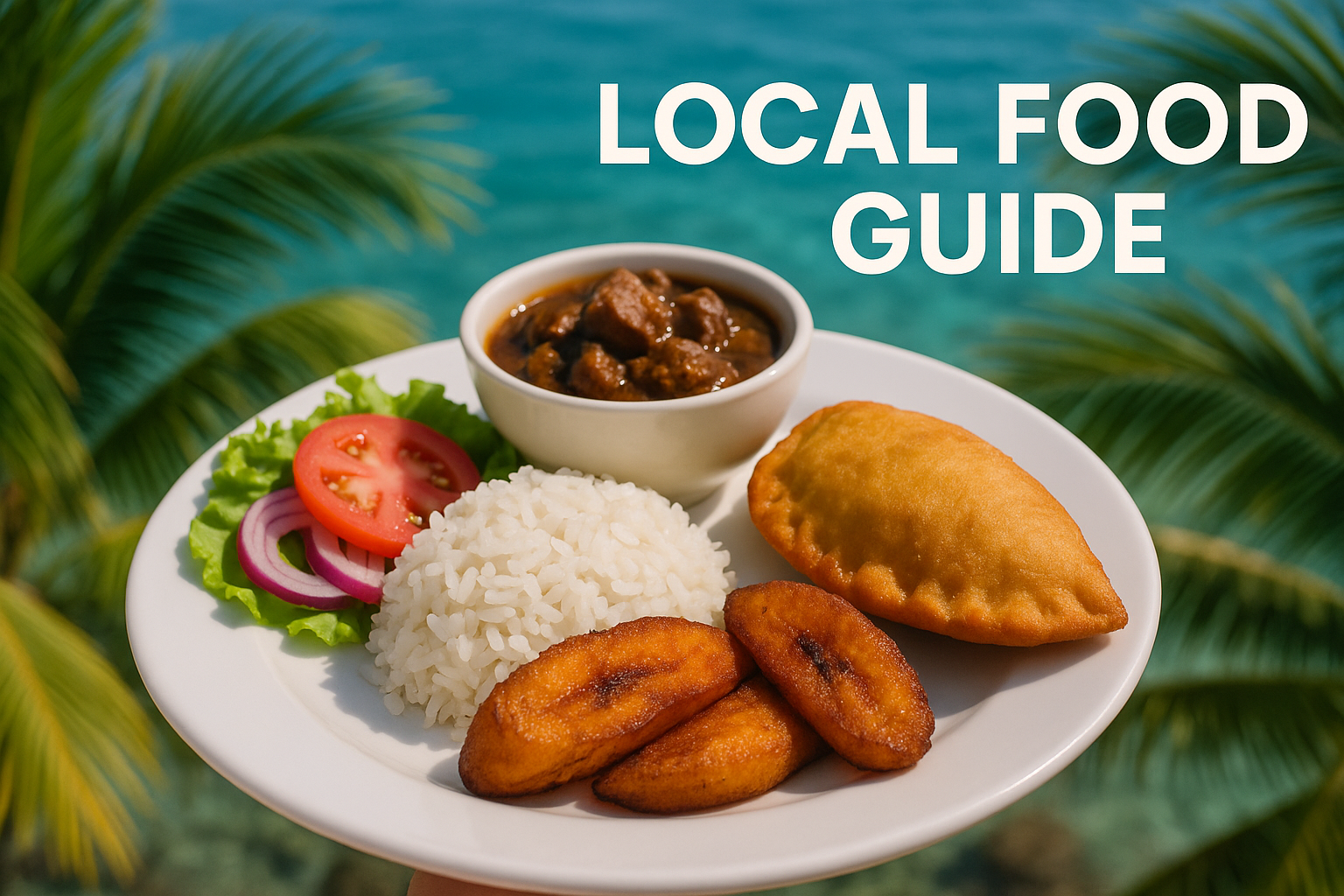 A plate of local Caribbean food with yellow rice, fried plantains, pastechi, fresh tomato and onion salad, and a small bowl of stoba, set against a tropical beach backdrop in Curaçao.