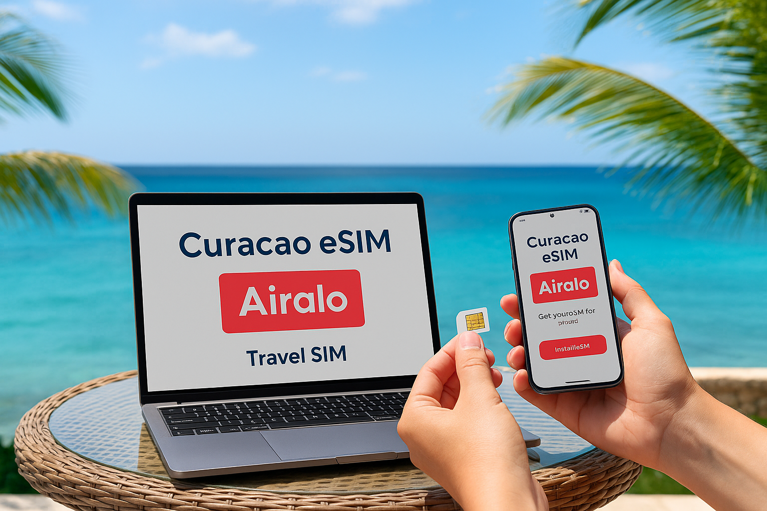 Person using Airalo eSIM app on smartphone with laptop on a tropical beach in Curaçao.