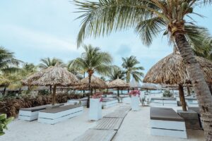 Kontiki Beach Resort at Mambo Beach, Curaçao surrounded by tropical gardens and saltwater pools