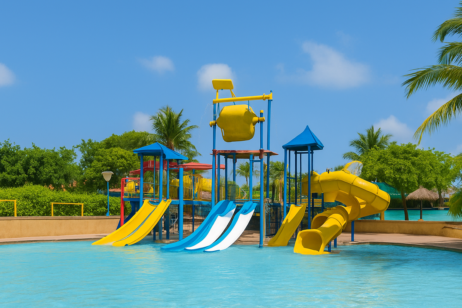 Child sliding down a colorful tropical waterslide surrounded by palm trees at a sunny waterpark in Curaçao.