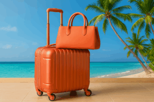 Bright-colored hardshell suitcase on an airport carousel, ready for a trip to Curaçao.