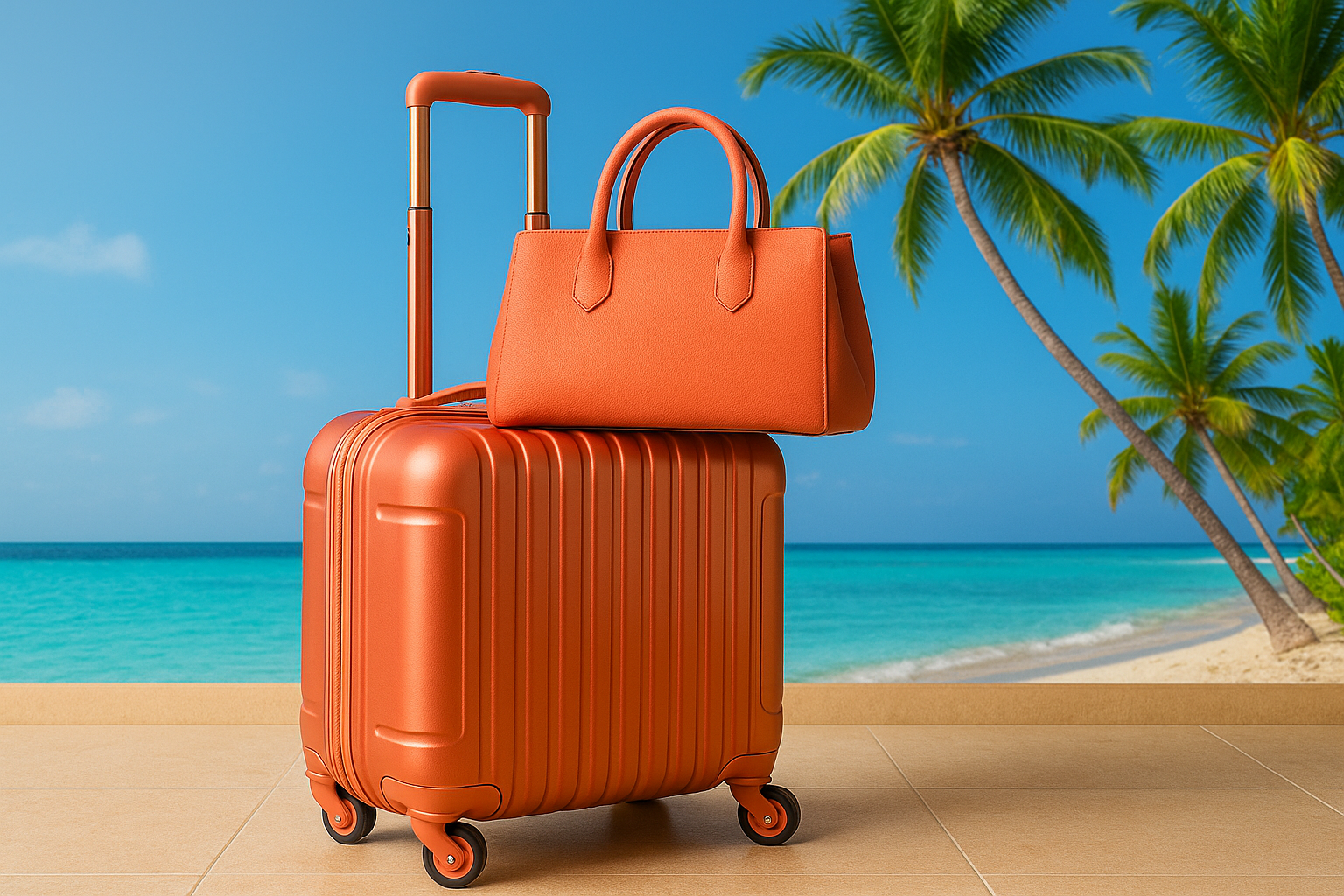 Bright-colored hardshell suitcase on an airport carousel, ready for a trip to Curaçao.