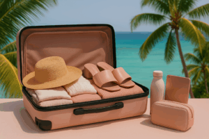 Traveler wearing a wide-brim sun hat on Curaçao beach