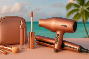 Small transparent toiletry kit with sunscreen, toothpaste, and hand sanitizer on a hotel counter.